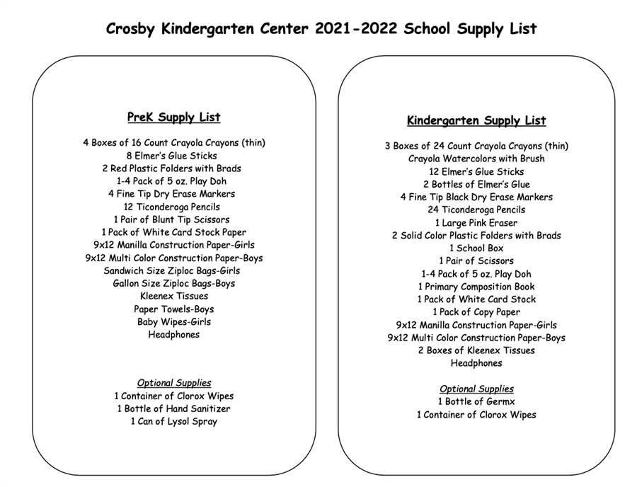  School supply list for the 2021-2022 School Year